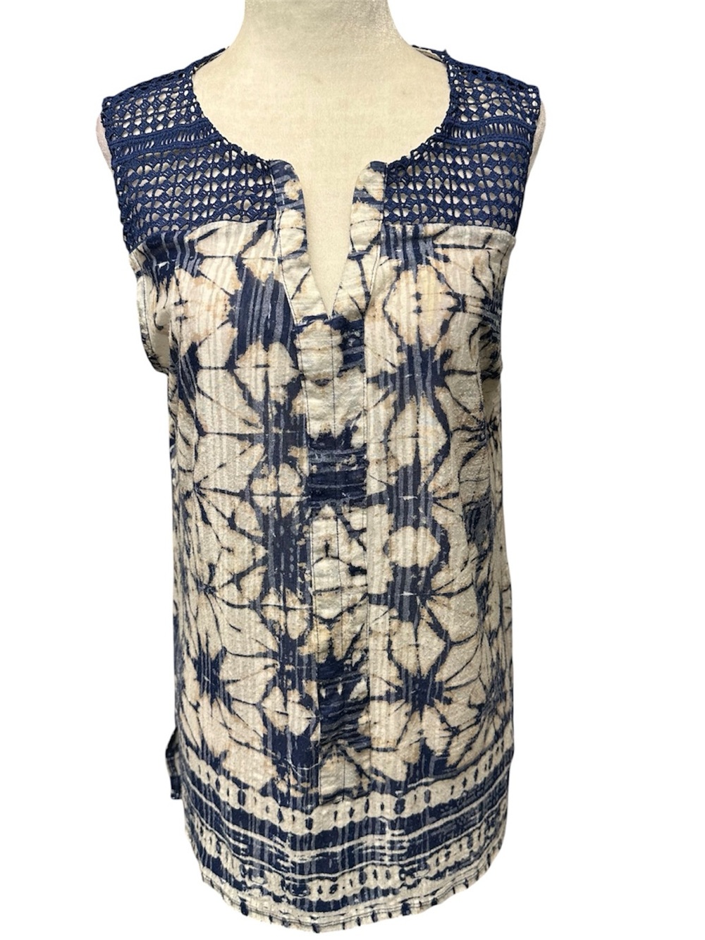 Verve Ami Navy and Cream Tie-Dye Crochet Yoke Sleeveless Top